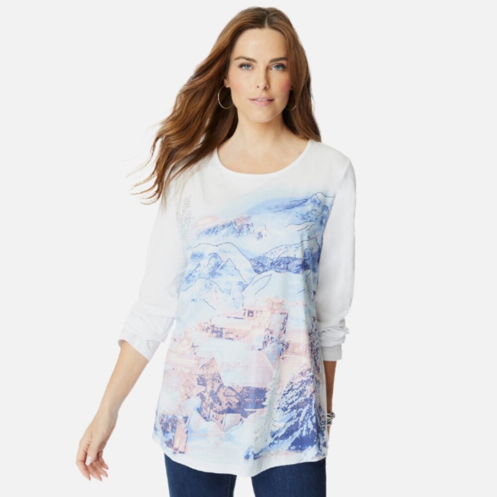 Roaman's Women's Plus Size Travel Graphic Long-Sleeve Tee